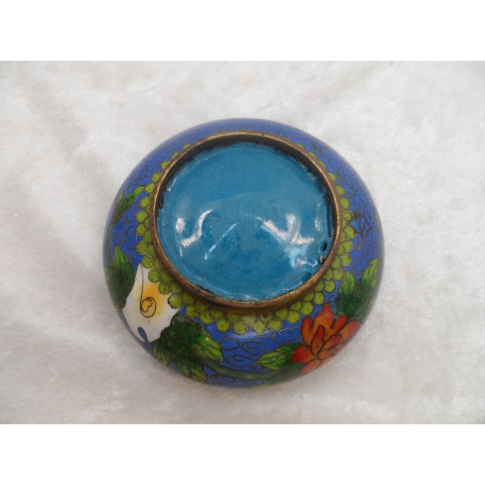 Vintage Chinese Cloisonné Enamel Round Ashtray Blue Floral Trinket Dish 3.5” - Picture 11 of 13